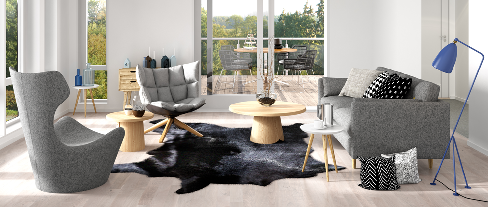 bright, modern living room with cow hide carpet
